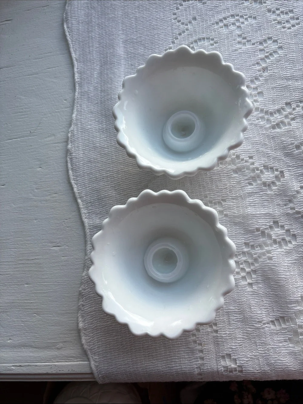 Pair of White Scalloped Milk Glass Candle Holders